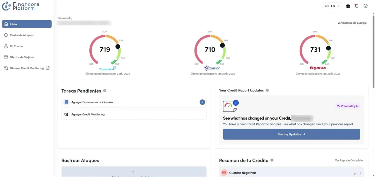 El portal de Financore Platform con los tres burós (nombre difuminado).